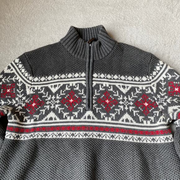 IZOD Fair Isle Sweater Men Size M Gray 1/4 Zip Cotton Blend Aspen Preppy Cottage - Picture 3 of 8